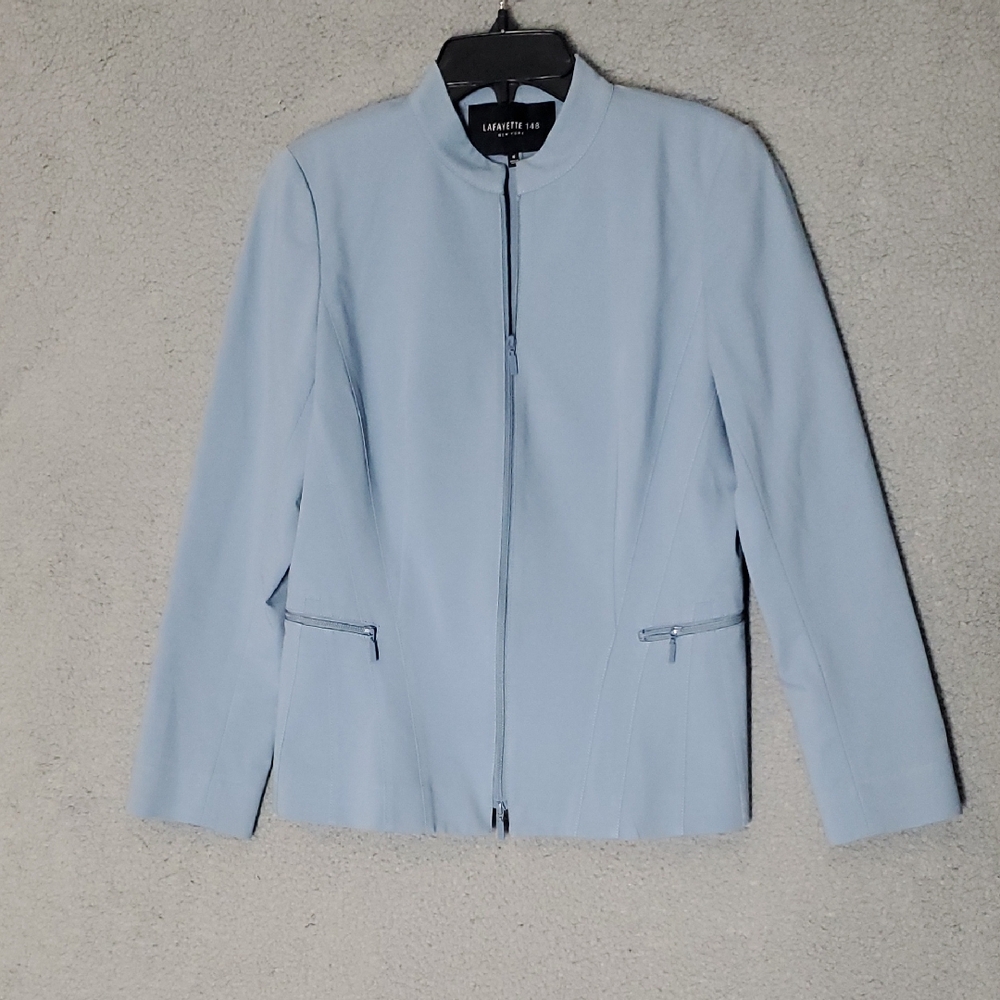 LAFAYETTE 148 Dress Jacket Set Womens Sz 0 Blue Cotton Blend Full Zip Sheath